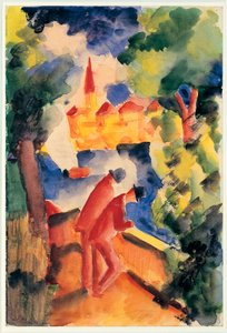 Két férfi kar a korláton, kilátással egy tóra, 1914 (akvarell) alkotó: August Macke
