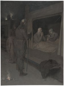 Njal, Bergthora és Thord Karisson úgy döntenek, hogy élve elégetik magukat. Illusztráció a Njál-sagához, 129. fejezet alkotó: August Malmström