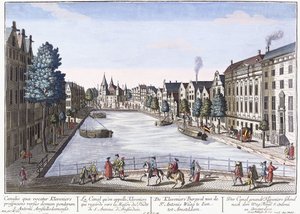 Vue of Kleveniers Canal, Amszterdam, 1740-1770 körül (kézzel színezett metszet) alkotó: August Vindel