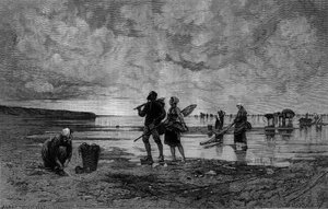 Nagy kanca a Csatornában (XIX. század): kagylóhalászok a tengerparton. Metszet Hagborg Auguste Wilhem Nikolaus (1852-1921/1925) festménye után a „The Illustrous World” 1219. sz. augusztus 7-én. alkotó: August Wilhelm Nikolaus Hagborg