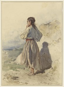 Háromnegyed balra álló magyar nő, hátulról nézve alkotó: August Xaver Carl von Pettenkofen