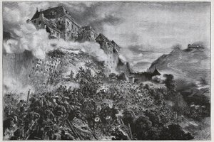 Az 1848-1849-es magyar forradalom: A magyar lázadók 1849. május 21-én megrohamozták a budai (kemencés) várat – August von Pettenkofer litográfiája nyomán alkotó: August Xaver Karl von Pettenkofen