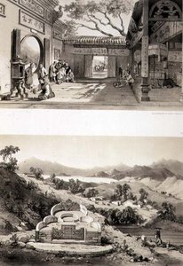A makaói Nagy Templom, valamint a Hong Kong- és Cowloon-öböl közötti sír és falu belső képe, 8. és 7. tábla a „Sketches of China”-ból, Eugene Ciceri (1813-90) metszetében, 1842 (színezett litho)