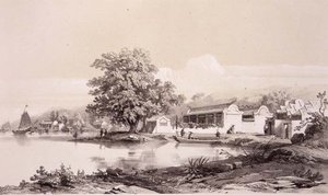 Mandarin háza a Makaó-Kanton csatornán, 20. tábla a „Sketches of China”-ból, metszett: Eugene Ciceri (1813-90) 1842 (színezett litó)