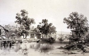 Honan temploma és csatorna, 29. tábla a „Sketches of China”-ból, vésette Eugene Ciceri (1813-90) 1842 (színezett litho)