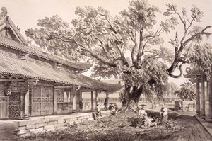 Buddha temploma Kanton Honan külvárosában, 24. tábla a „Sketches of China”-ból, Eugene Ciceri (1813-90) metszet, 1842 (színezett litó)