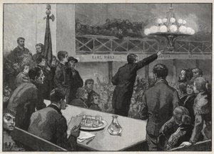 Találkozó az 1885-ös Vooruit sztrájk miatt – 1885-ös „Le monde illustrious” metszet – Gerardin rajza alkotó: Auguste (after) Gerardin