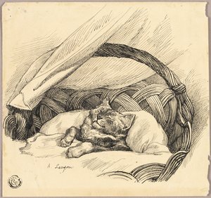 Macska alszik a kosárban alkotó: Auguste Andre Lancon
