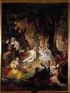 Kóstoló Champetre Piknik jelenete a polgári társadalomban. Barthelemy Glaizes (1807-1893) festménye 1850 Montpellier, Fabre Múzeum