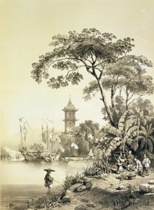 Pagoda a Makaó-Kanton csatornán, 21. tábla a „Sketches of China”-ból, Eugene Ciceri (1813-90) metszet, 1842 (színezett litó)