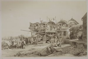 Szegények háza Makaó belső kikötőjében, 13. tábla a „Sketches of China”-ból, Eugene Ciceri (1813-90) metszet, 1842 (színezett litho)