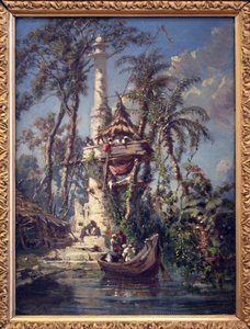 Obszervatórium a Hoogly folyó partján (Bengália, India). Auguste Borget (1808-1877) festménye, olaj, mahagónifa