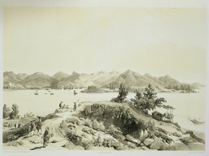 A hongkongi öböl és sziget, 4. tábla a „Sketches of China”-ból, Eugene Ciceri (1813-90) metszet, 1842 (színezett litho)