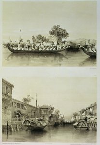 A francia bolondság és a sókereskedő háza a Honan-Canton csatornán, 27. és 28. tábla a „Sketches of China”-ból, Eugene Ciceri (1813-90) metszet, 1842 (színezett litho)
