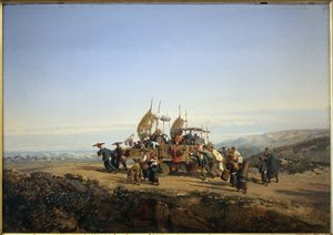 Az utazók vitorlás szekeret használnak, és férfiak lövöldöznek. Auguste Borget festménye