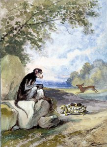 Illusztráció Jean de La Fontaine „A nyúl és a teknős” című meséjéről. Auguste Delierre akvarellje (1829-1890 körül)
