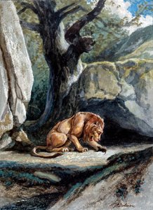 Illusztráció Jean de La Fontaine „Az oroszlán és a patkány” című meséjéről. Auguste Delierre akvarellje (1829-1890 körül)