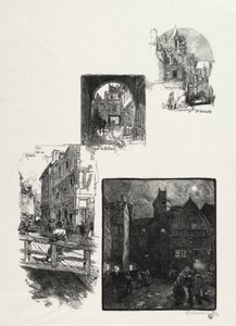 Illusztrált Rouen: Rue des Charretes; Halage utca; Rue Eau de Robec; Művészetek tér alkotó: Auguste Louis Lepère