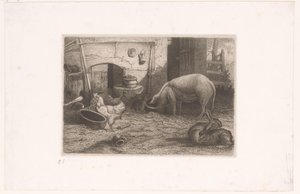 Sertés, csirkék és nyulak egy istállóban alkotó: Auguste Numans (attributed to)