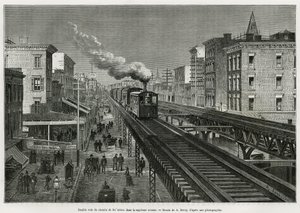 A légitársaság kettős vágánya a Seventh Avenue-n, New York, New York. Edouard de Laveleye, 1878-1879, megjelent a Tour du monde-ban, Edouard Charton (1807-1890) irányításával
