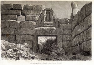 Oroszlánok kapuja Mükénében – A. Deroy rajza, „A világ körül” című filmben, 1877 2. félév