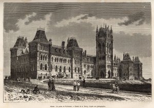 Az ottawai parlamenti palota, amelyet 1859 és 1876 között építettek, A.Deroy rajza nyomán metszett, amely a kanadai kirándulást és az északi vörös folyót illusztrálja, H. De Lamotte 1873-ban, megjelent a „” Le tour du monde””” 1875, Edouard szerkesztette