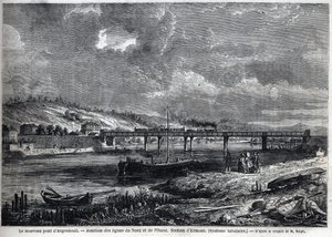 Az új hídon Argenteuil van. Az északi és nyugati vonalak csomópontja. Ermont szakasz (csőrendszerű). Metszet Ralph vázlata után a „” Le Monde illustrious”-ban”, 1863.08.29. Magángyűjtemény. alkotó: Auguste Victor Deroy