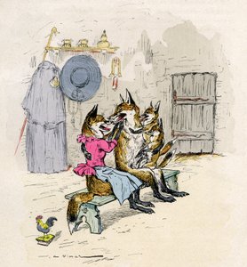 Illusztráció: A. Vimar a Novel de Renarthoz (a róka regénye), Henri Laurens 19. századi kiadása - Goupil és Hermeline, a róka, felesége, otthon, gyermekeikkel a kis rókák