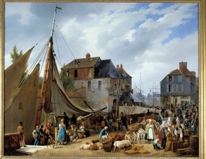 Szarvasmarha beszállás az utasra”” Honfleur kikötőjében” Auguste-Xavier Leprince (1799-1826) festménye 1823. Dim. 1,3x1,6 m.