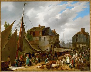 Az állatok beszállása a " Le Passager " hajóra a franciaországi Honfleur kikötőjében ...