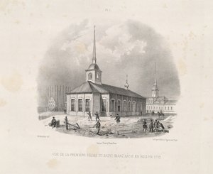 Kilátás az első első Szent Izsák-templomról 1710-ben. Innen: A Szent Izsák-székesegyház építése, 1845