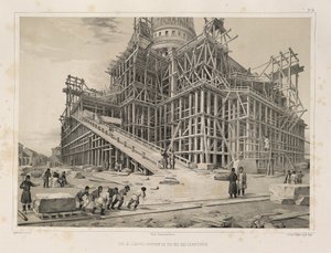 Kilátás a székesegyházra, fa állványzattal körülvéve innen: A Szent Izsák-székesegyház építése, 1845