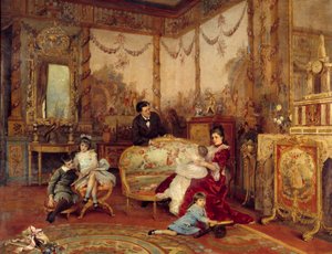 Victorian Sardou (1831-1908), drámaíró és gyermekei. Kilátás a kandalló előtti tűzhellyel rendelkező nappali belsejéből. Auguste La Brely (1838-1906) festménye alkotó: Auguste de la Brely