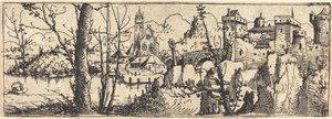 Táj a várral jobbra, sziklákkal körülvéve, 1546. alkotó: Augustin Hirschvogel