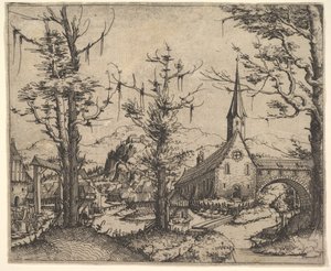 Táj négy fával és egy templommal jobbra, 1545. alkotó: Augustin Hirschvogel