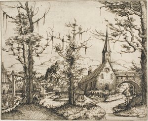 Táj templommal és fedett híddal alkotó: Augustin Hirschvogel