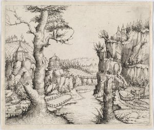 Folyói táj magas sziklákkal, 1546. alkotó: Augustin Hirschvogel