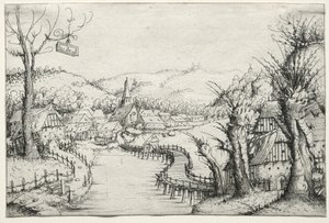 Folyói táj jobbról három csupasz fűzfával és egy hosszú kanyargós fahíddal..., 1546. alkotó: Augustin Hirschvogel
