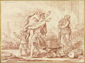 Aeneas Anchises-szal menekül Trója romjai elől