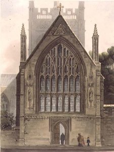 A Merton College külseje, az Ante kápolna északi ablaka felé néz, az „Oxford története” illusztrációja, I. Sutherland metszet, kocsma. R. Ackermann
