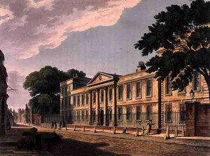 A cambridge-i Emmanuel College előlapja, a „Cambridge története” című művéből, Joseph Constantine Stadler (fl.1780-1812) metszete, pub. R. Ackermann