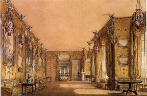 A Brighton Pavilion sárga szalonjának belső tere, 1820 körül (akvarell és gouache papíron) alkotó: Augustus Charles Pugin
