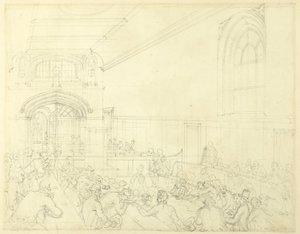 Tanulmány a Guild Hall számára, egy csődbe ment személy vizsgálata hitelezői előtt, a londoni Microcosmtól alkotó: Augustus Charles Pugin