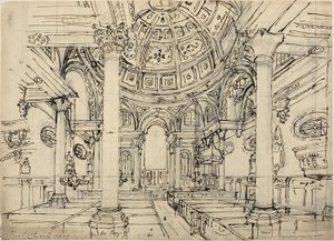 Tanulmány a Walbrook Church számára (recto); Vázlatok vitorlásokról, férfiakról és gumicsónakokról (fordítva) alkotó: Augustus Charles Pugin