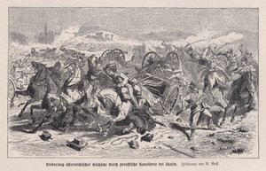 A porosz lovasság által elfogott osztrák fegyverek a skalitzi csatában, csehországi, osztrák-porosz háborúban alkotó: Augustus J. Beck