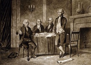 A kontinentális kongresszus vezetői 1775: John Adams, Robert Morris, Alexander Hamilton, Thomas Jefferson, Augustus Tholey rajza (1894) alkotó: Augustus Tholey
