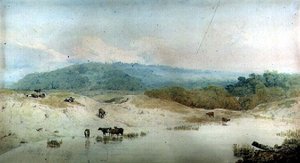 Kilátás Yorkshire-ben, folyó és szarvasmarha, (rajz)