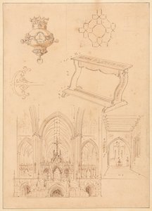 Tervek gótikus díszítéshez, térdelő és két vázlat a gótikus templomok belső tereiről alkotó: Augustus Welby Northmore Pugin