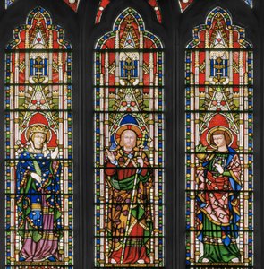 Szűz és Krisztus a szentekkel, keleti ablak, részlet, 1847-48 (ólomüveg) alkotó: Augustus Welby Northmore Pugin