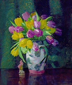 Sárga és mályvaszínű tulipánok vázában alkotó: Augustus William Enness